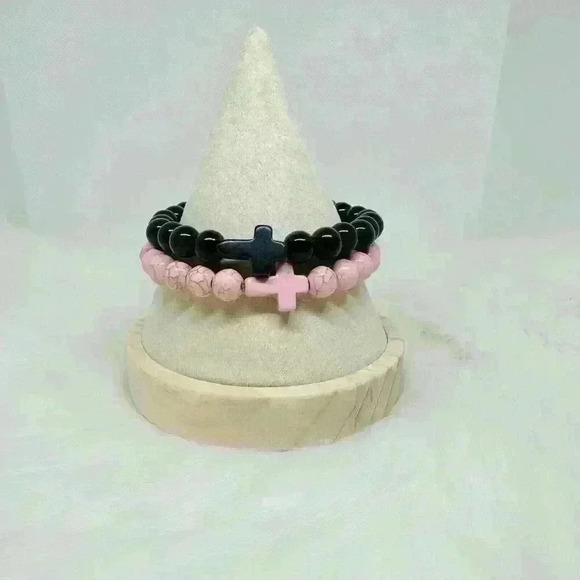 Black Pink Duo Natural Stone Cross Bracelet - Picture 4 of 5